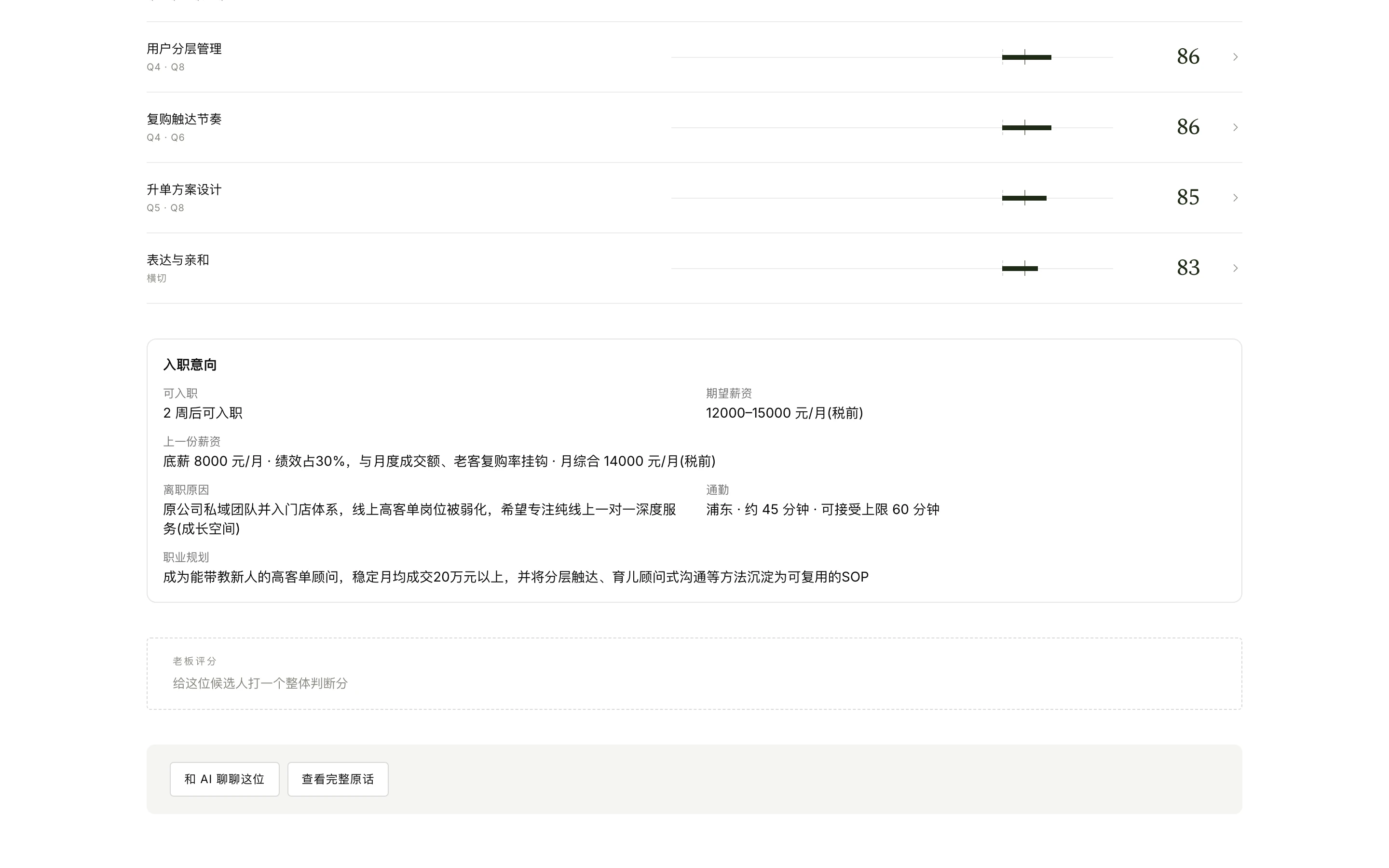 The bottom of the report: dimension scores, availability and expectations, the boss's score card still empty, and two links: ask the AI about this candidate, full transcript.