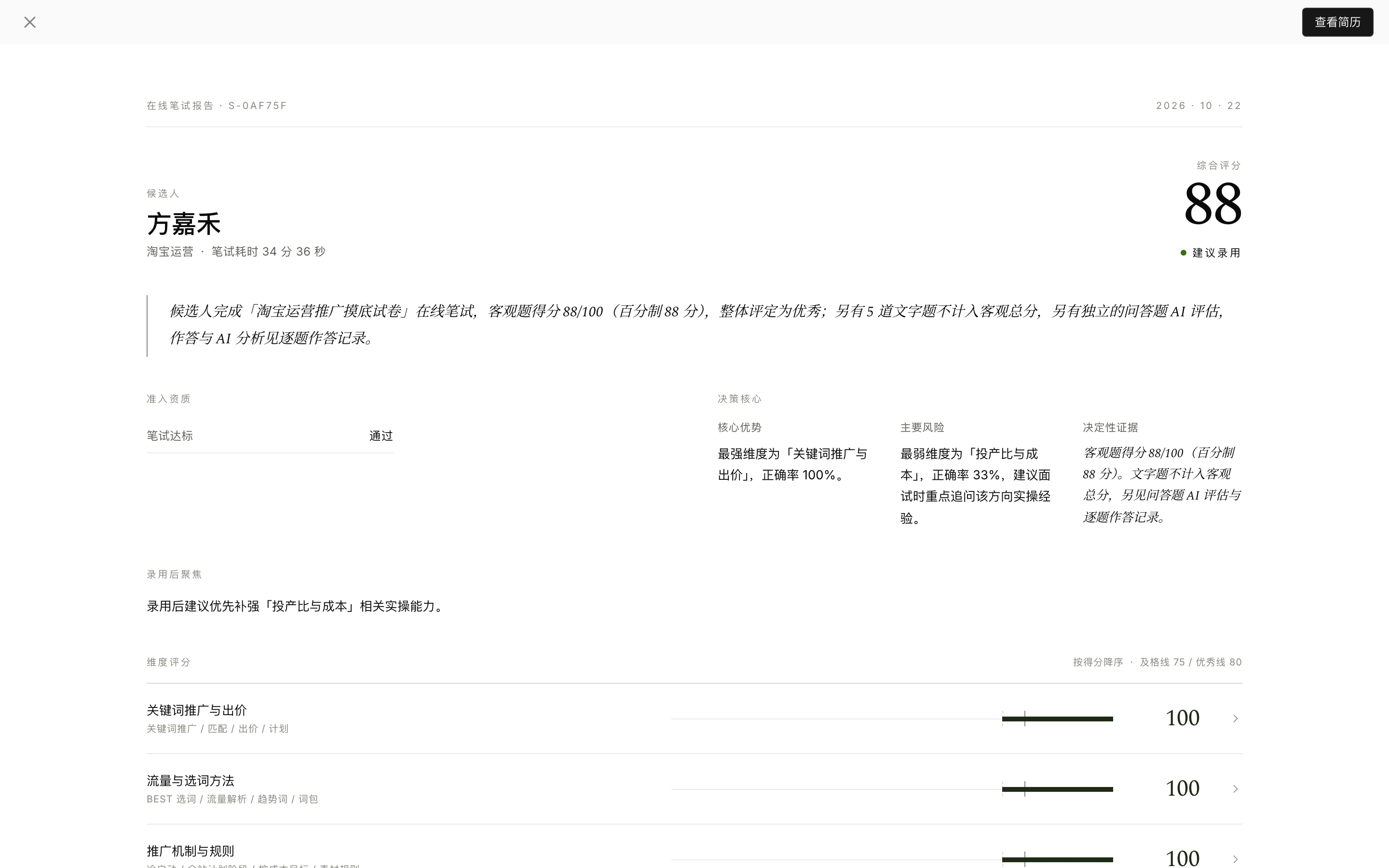 Fang Jiahe's online test report, first screen: overall score 88, recommended for hire, core strength and main risk, and the dimensions sorted by score.
